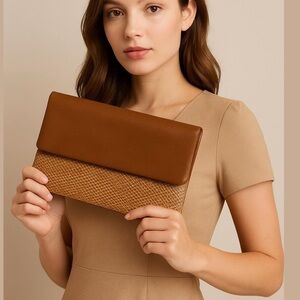 LOUENHIDE clutch purse wallet Brown & tan faux Leather zippered sections slots